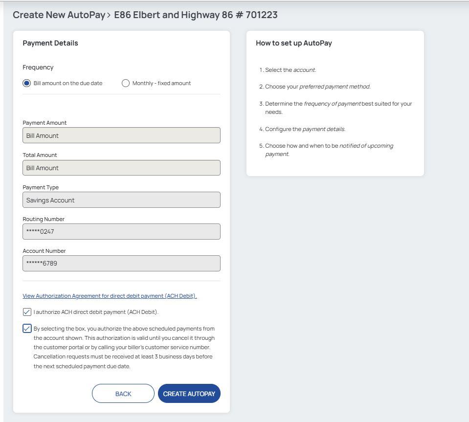 Auto Pay Detail Setup Screen