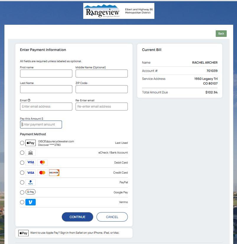Payment information screen on the One Time Payment option