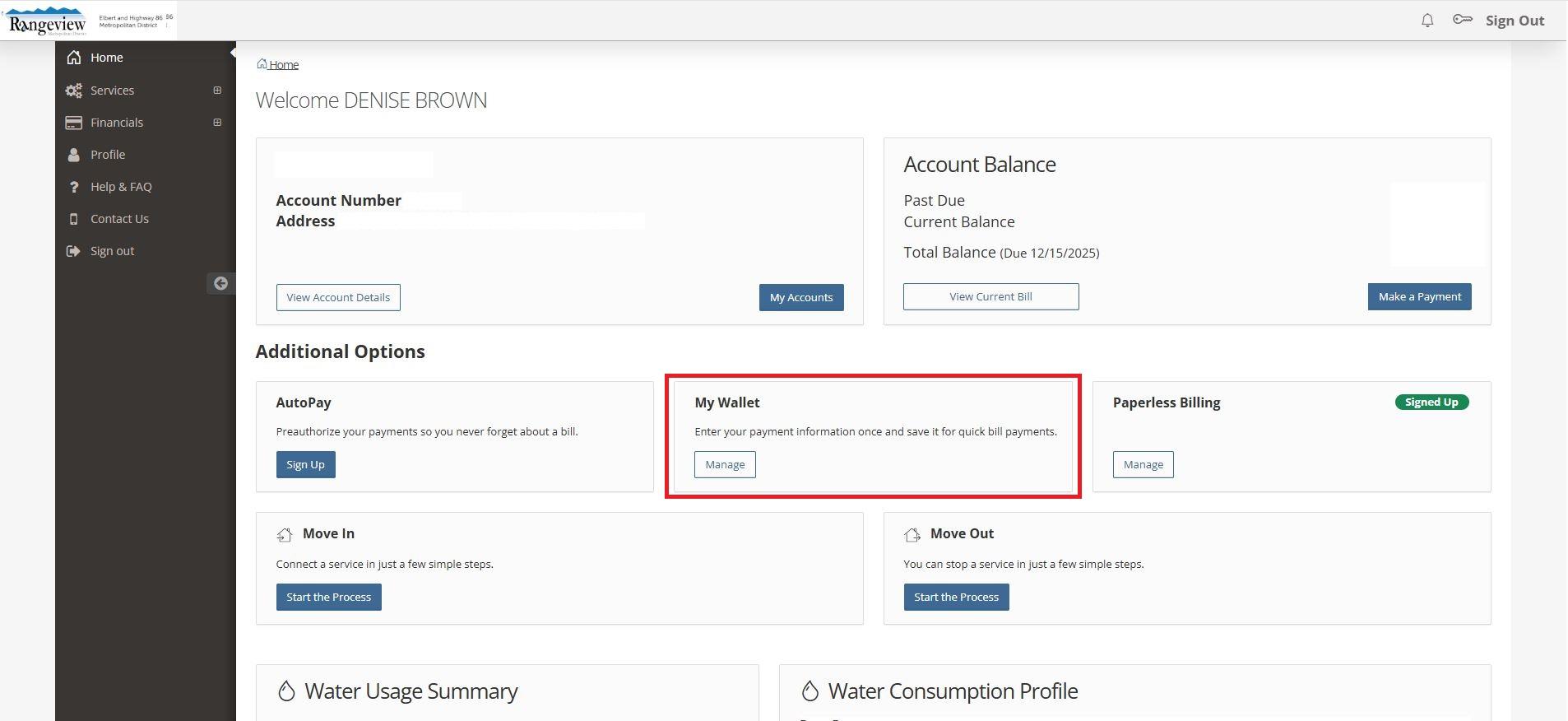 My Wallet menu on Account home screen